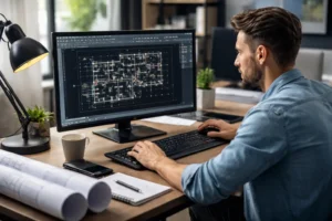 Para Que Serve o AutoCAD em 2026 - Tela do software AutoCAD com planta baixa aberta, ilustrando para que serve o AutoCAD em projetos de engenharia e arquitetura