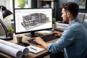 O que é revit - Tela do software Revit com modelo BIM de edificação em 3D, ilustrando o que é Revit e como funciona a metodologia BIM na arquitetura e engenharia civil