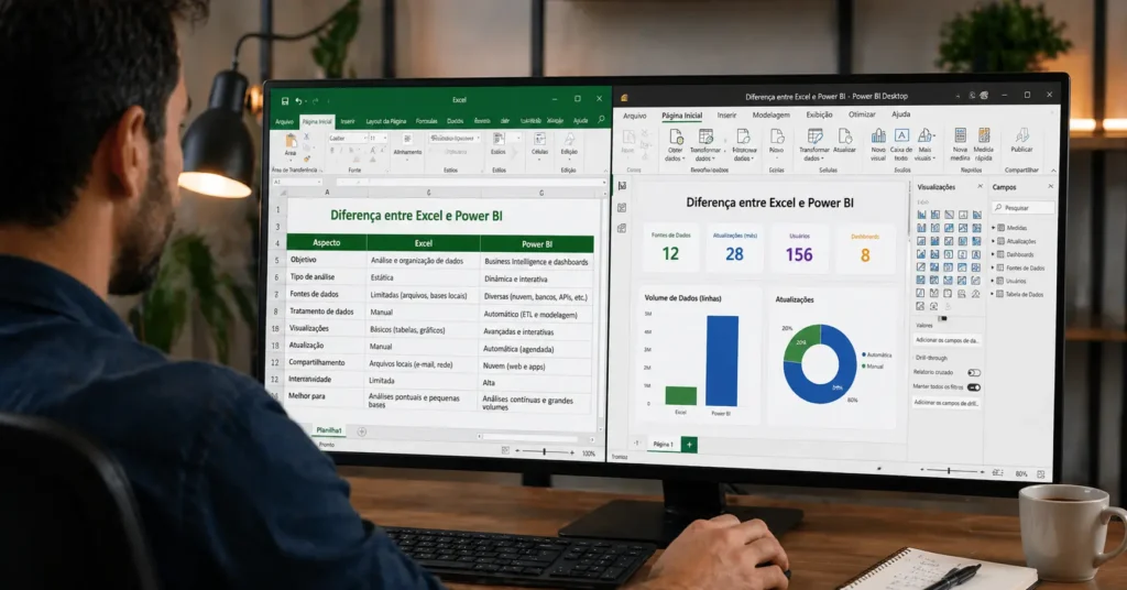 diferença entre excel e power bi — telas das duas ferramentas abertas lado a lado em um computador