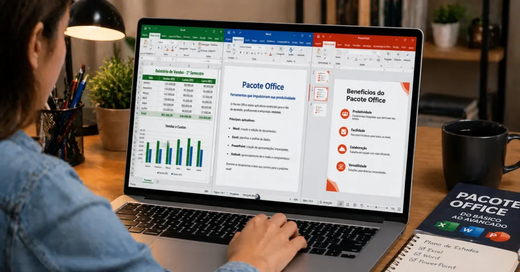 melhor curso de pacote office online — tela do Excel, Word e PowerPoint abertos em notebook sobre mesa de trabalho