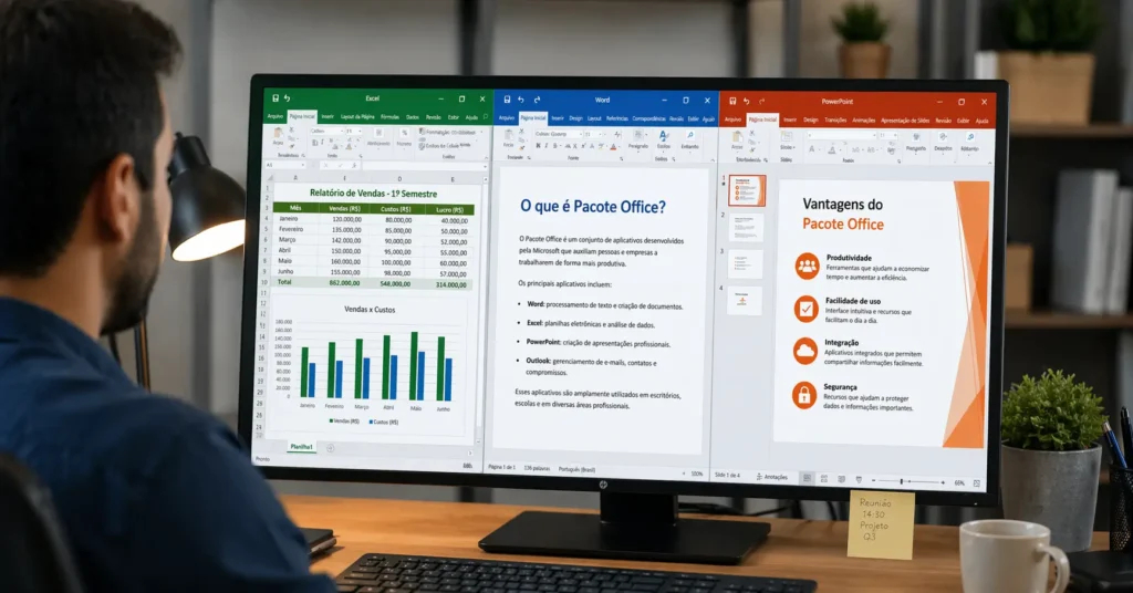 o que é pacote office — tela do Microsoft Excel, Word e PowerPoint abertos lado a lado