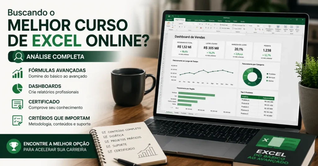 Buscando o melhor curso de Excel online? Analisamos os critérios que importam e indicamos a melhor opção com fórmulas avançadas, dashboards e certificado em 2026.